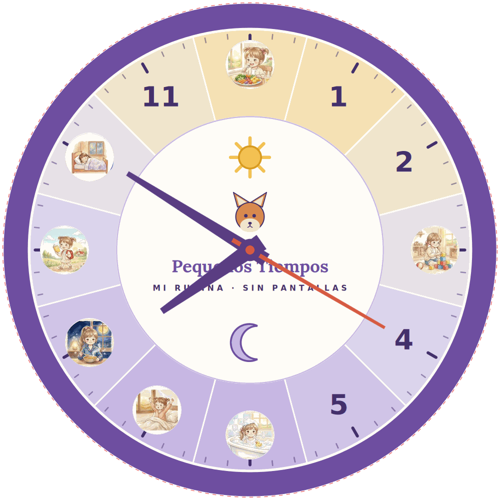 Tablero Pequeños Tiempos con las fichas de actividades colocadas en sus horarios